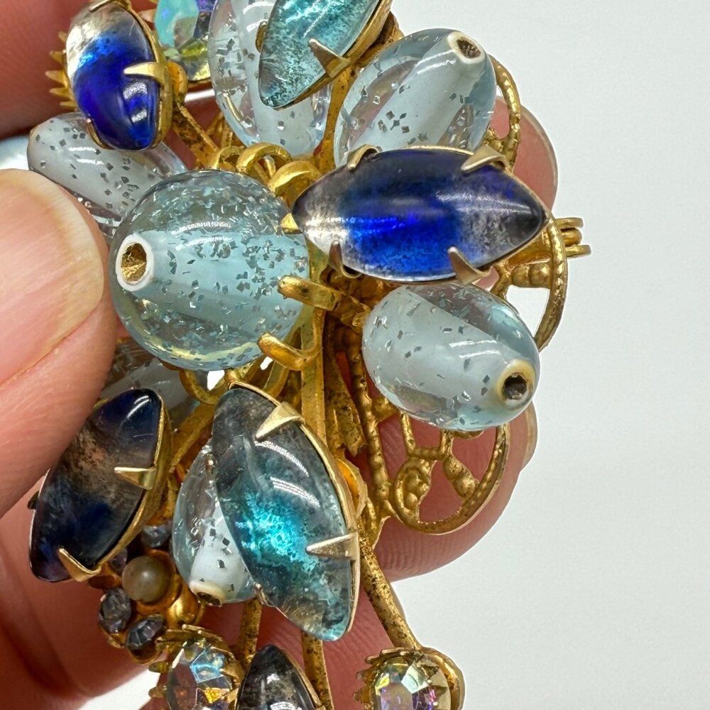 Vintage Judy Lee Art Glass Blue Spray Flower Brooch Pin READ - Picture 6 of 11